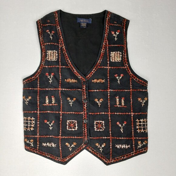 Vintage Art Harvest Floral Embroidered Square Knit Cottage Core Black Vest - Picture 1 of 8